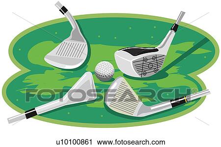 Four golf clubs near a golf ball View Large Illustration Clip Art - Four golf clubs near a golf ball. Fotosearch