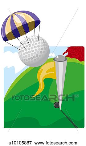 Stock Illustration - Golf ball attached to a parachute above a golf course. Fotosearch