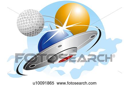 Stock Illustration - Golf ball hitting a UFO in space. Fotosearch