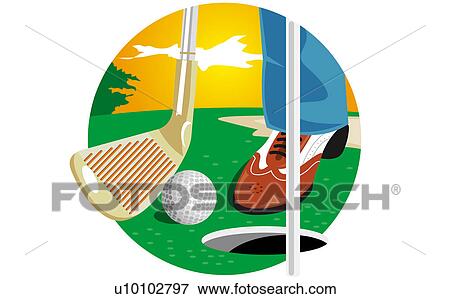 Low section view of a golf club and a golf ball near a hole View Large Illustration Stock Illustration - Low section view of a golf club and a golf ball near a hole. Fotosearch