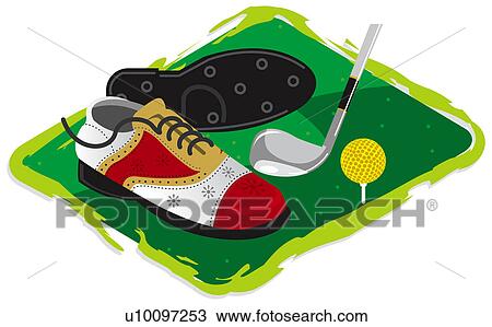 Drawing - Pair of golf shoes and a golf ball with a golf club. Fotosearch