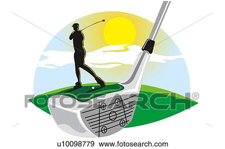Stock Illustration - Silhouette of a man swinging a golf club and standing on a golf club. Fotosearch