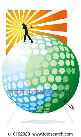 Silhouette of a person standing on a golf ball and swinging a gold club View Large Illustration Drawing - Silhouette of a person standing on a golf ball and swinging a gold club. Fotosearch