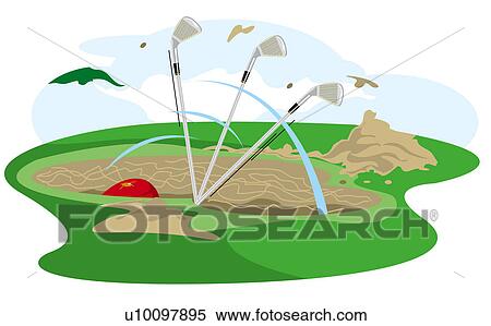 Stock Illustration - Three golf clubs in a sand trap. Fotosearch