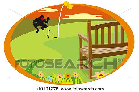 Young man squatting on a golf course View Large Illustration Stock Illustration - Young man squatting on a golf course. Fotosearch