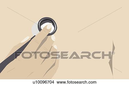 Stock Illustration - Close-up of a doctor's hand holding a stethoscope on a person's back. Fotosearch