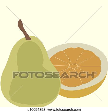 Stock Illustration - Close-up of a pear and half an orange. Fotosearch