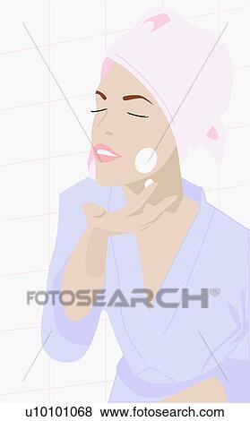 Stock Illustration - Close-up of a young woman applying moisturizer on her cheek. Fotosearch