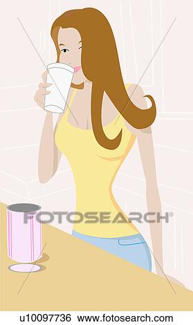 Stock Illustration - Close-up of a young woman drinking a glass of juice. Fotosearch