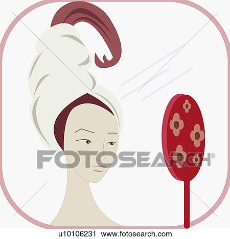 Clip Art - Close-up of a young woman holding a mirror. Fotosearch