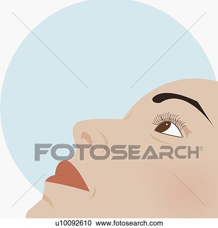 Clipart - Close-up of a young woman looking up. Fotosearch
