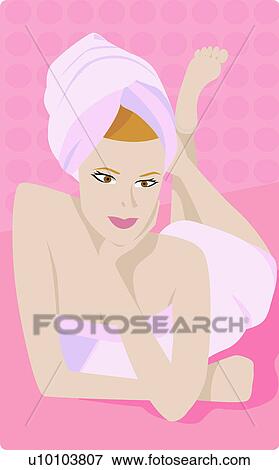 Stock Illustration - Close-up of a young woman lying down in a towel. Fotosearch