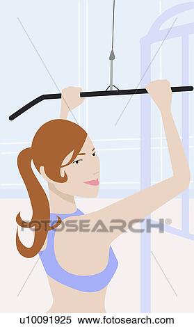Stock Illustration - Close-up of a young woman using a lateral pull-down weight machine. Fotosearch