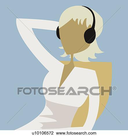 Drawing - Close-up of a young woman wearing headphones and listening to music. Fotosearch