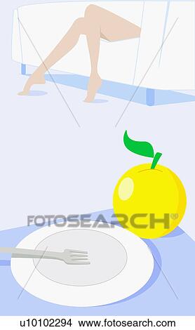 Stock Illustration - Close-up of an apple and a plate on the table with a woman reclining on a couch in the background. Fotosearch