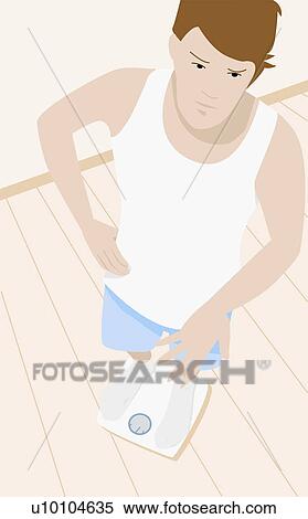 High angle view of a young man standing on a bathroom scale View Large Illustration Stock Illustration - High angle view of a young man standing on a bathroom scale. Fotosearch