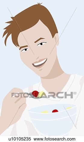 Stock Illustration - Portrait of a young man holding a bowl of fruit salad. Fotosearch