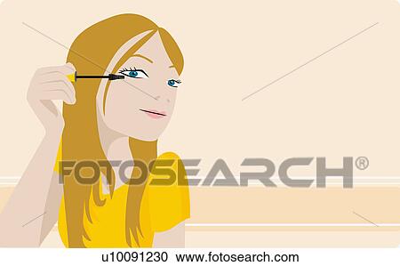 Clipart - Portrait of a young woman applying mascara. Fotosearch