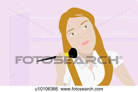 Portrait of a young woman applying make-up on her face View Large Illustration Stock Illustration - Portrait of a young woman applying make-up on her face. Fotosearch