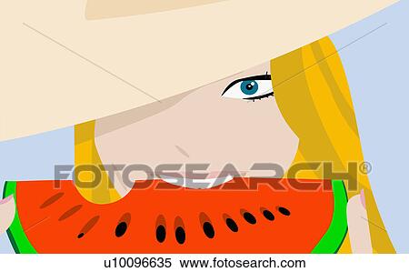 Portrait of a young woman eating a slice of watermelon View Large Illustration Stock Illustration - Portrait of a young woman eating a slice of watermelon. Fotosearch