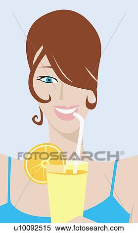 Stock Illustration - Portrait of a young woman holding a glass of juice. Fotosearch