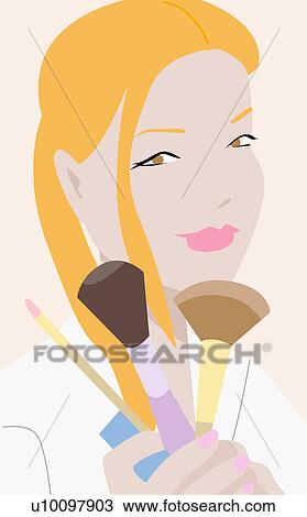 Drawing - Portrait of a young woman holding make-up brushes. Fotosearch