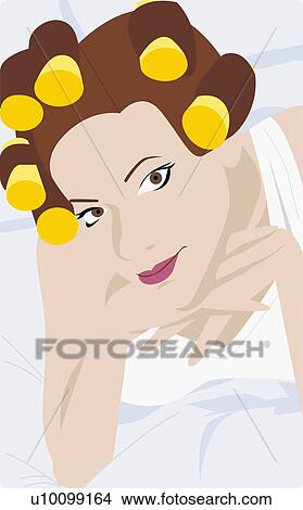 Stock Illustration - Portrait of a young woman wearing hair curlers. Fotosearch