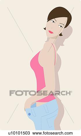 Drawing - Side profile of a young woman holding out the waist of her loose jeans. Fotosearch