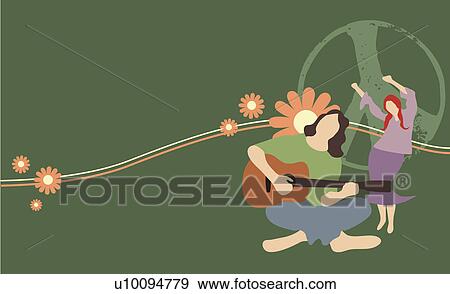 Stock Illustration - Close-up of a man playing a guitar and a woman dancing behind him. Fotosearch