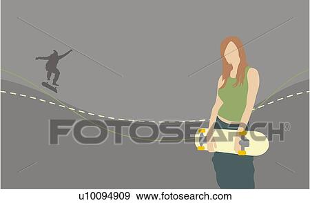 Close-up of a woman holding a skateboard View Large Illustration Stock Illustration - Close-up of a woman holding a skateboard. Fotosearch
