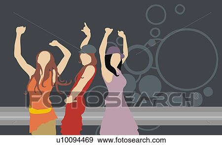 Stock Illustration - Group of three women dancing in a nightclub. Fotosearch