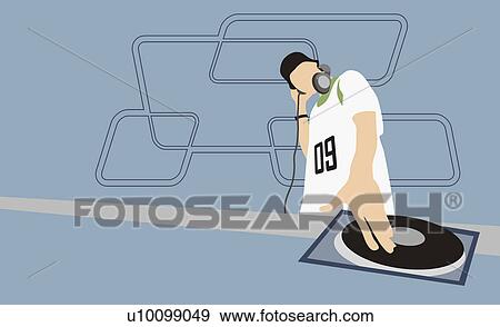 Stock Illustration - Low angle view of a disc jockey wearing headphones. Fotosearch