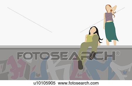 Stock Illustration - Low angle view of two women on a wall. Fotosearch