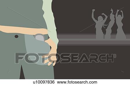 Stock Illustration - Mid section view of a person carrying a mobile phone in their pocket. Fotosearch