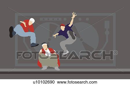 Clipart - Three men dancing in front of a turntable. Fotosearch