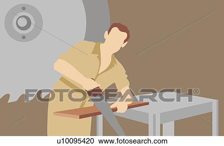 Carpenter sawing a wooden plank View Large Illustration Clipart - Carpenter sawing a wooden plank. Fotosearch