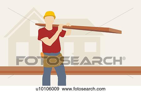 Stock Illustration - Construction worker carrying a wooden plank on his shoulder. Fotosearch