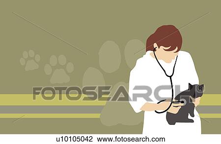 Drawing - Female veterinarian examining a domestic cat with a stethoscope. Fotosearch