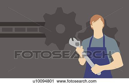 Clip Art - Male mechanic holding an adjustable wrench. Fotosearch