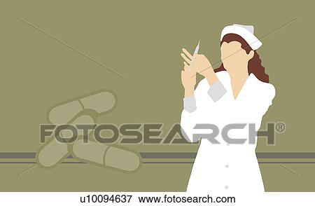 Nurse holding up a syringe View Large Illustration Stock Illustration - Nurse holding up a syringe. Fotosearch