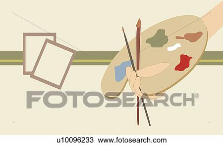 Drawing - Person's hand holding a paint palette and paint brushes. Fotosearch
