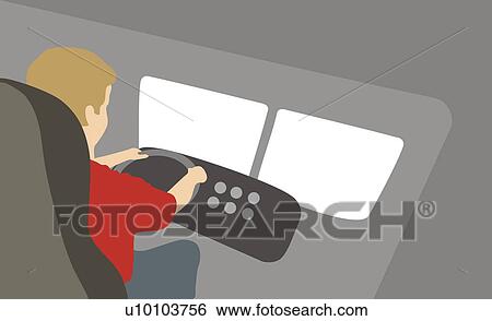 Stock Illustration - Rear view of a young man driving a vehicle. Fotosearch
