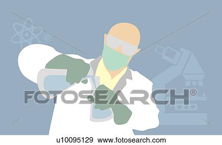 Stock Illustration - Scientist pouring liquid from one conical flask to another. Fotosearch