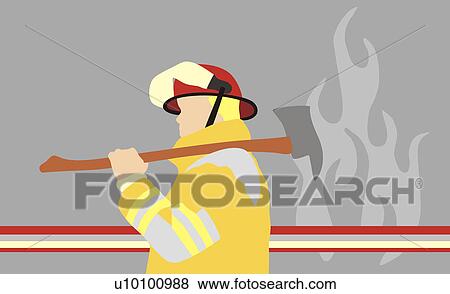 Side profile of a firefighter holding an axe over his shoulder View Large Illustration Stock Illustration - Side profile of a firefighter holding an axe over his shoulder. Fotosearch