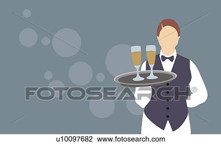 Waitress holding a tray with two champagne flutes View Large Illustration Drawing - Waitress holding a tray with two champagne flutes. Fotosearch
