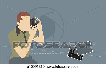 Clipart - Young man kneeling down and taking a photograph. Fotosearch