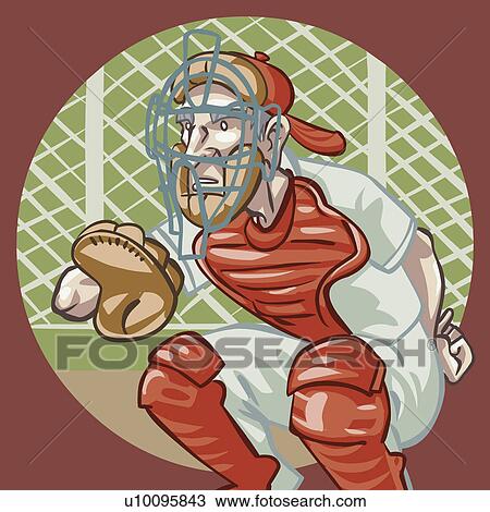 Close-up of a baseball catcher View Large Illustration Drawing - Close-up of a baseball catcher. Fotosearch