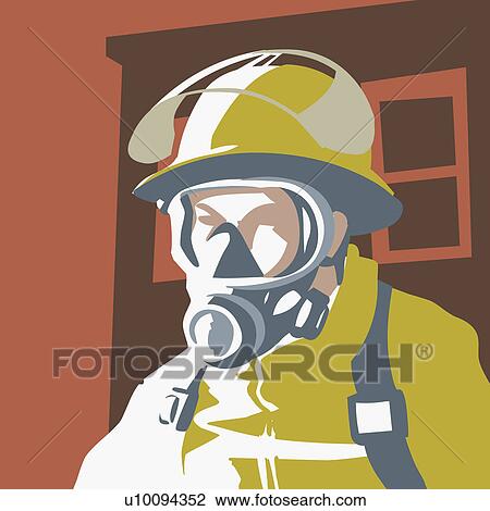Drawing - Close-up of a firefighter wearing an oxygen mask. Fotosearch