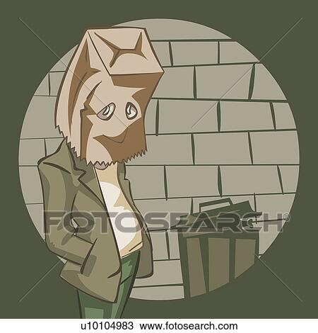 Drawing - Close-up of a man standing near a garbage bin with a paper bag over his head. Fotosearch