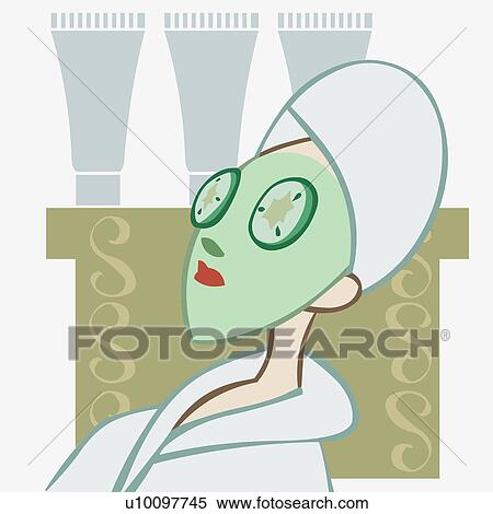 Stock Illustration - Close-up of a young woman wearing a facial mask. Fotosearch